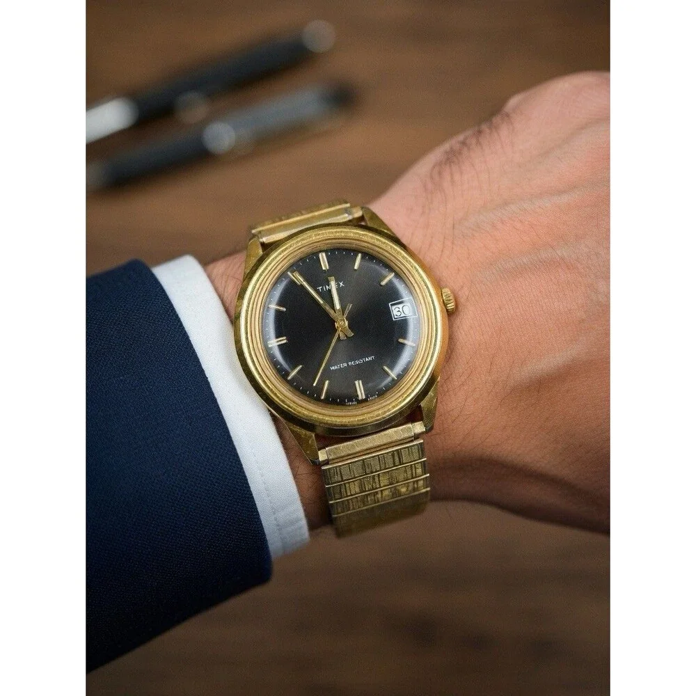 Vintage Timex Marlin Gold Mens Date Watch Mechanical Black Dial Parts and Repair